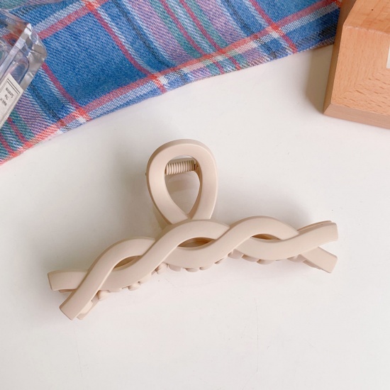 Picture of Acrylic Simple Hair Claw Clips Clamps Beige Braided Frosted 11.5cm x 5cm, 1 Piece