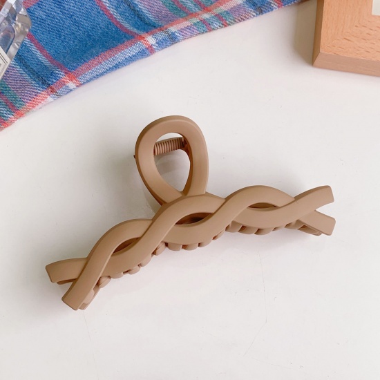 Picture of Acrylic Simple Hair Claw Clips Clamps Light Coffee Braided Frosted 11.5cm x 5cm, 1 Piece