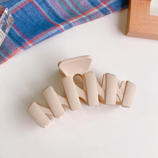 Picture of Acrylic Simple Hair Claw Clips Clamps Beige Wave Frosted 8.6cm x 4.7cm, 1 Piece