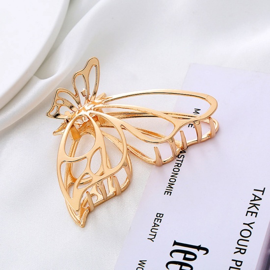 Picture of Elegant Hair Claw Clips Clamps Gold Plated Butterfly Animal Hollow 7.5cm x 5cm, 1 Piece