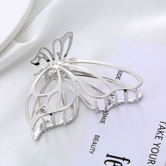 Picture of Elegant Hair Claw Clips Clamps Silver Plated Butterfly Animal Hollow 7.5cm x 5cm, 1 Piece