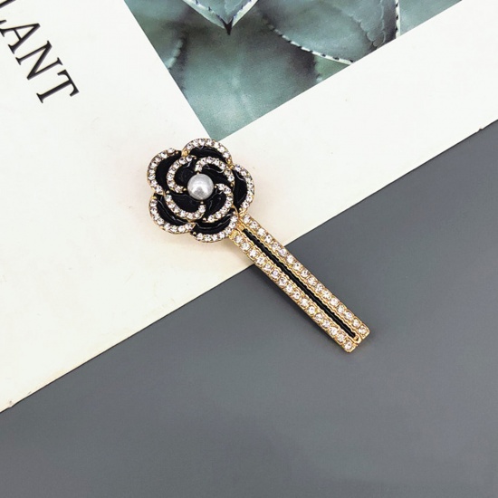 Picture of Exquisite Hair Clips Gold Plated White Flower Clear Rhinestone Acrylic Imitation Pearl 6.2cm x 2.5cm, 1 Piece