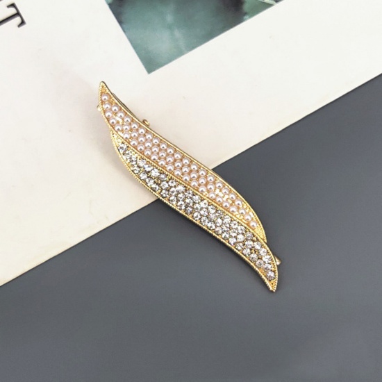 Picture of Exquisite Hair Clips Gold Plated White Leaf Clear Rhinestone Acrylic Imitation Pearl 6.6cm x 1.3cm, 1 Piece