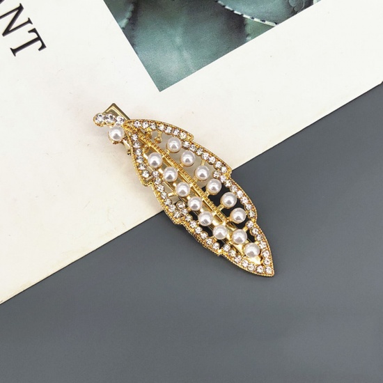 Picture of Exquisite Hair Clips Gold Plated White Leaf Clear Rhinestone Acrylic Imitation Pearl 6.4cm x 2.2cm, 1 Piece