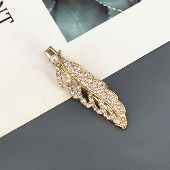 Picture of Exquisite Hair Clips Gold Plated White Leaf Clear Rhinestone Acrylic Imitation Pearl 6.3cm x 1.8cm, 1 Piece