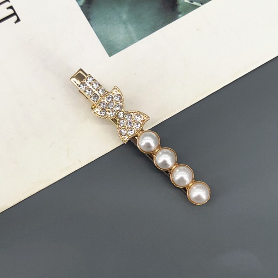 Picture of Exquisite Hair Clips Gold Plated White Bowknot Clear Rhinestone Acrylic Imitation Pearl 6.2cm x 1.2cm, 1 Piece