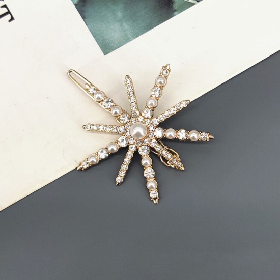 Picture of Exquisite Hair Clips Gold Plated White Star Clear Rhinestone Acrylic Imitation Pearl 5.5cm x 4.8cm, 1 Piece