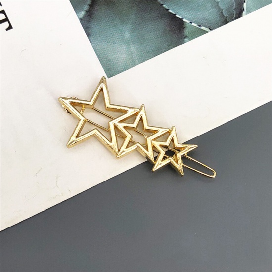 Picture of Simple Metal Hair Clips Gold Plated Pentagram Star Hollow 6cm, 1 Piece