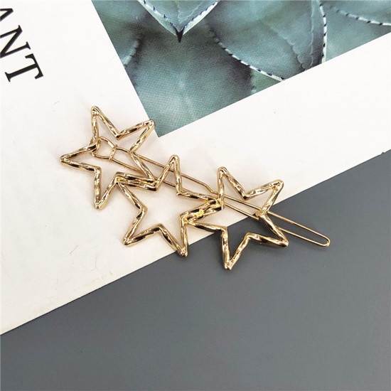 Picture of Simple Metal Hair Clips Gold Plated Pentagram Star Hollow 8cm, 1 Piece