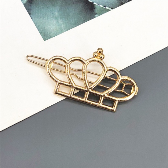 Picture of Simple Metal Hair Clips Gold Plated Crown Hollow 6cm, 1 Piece