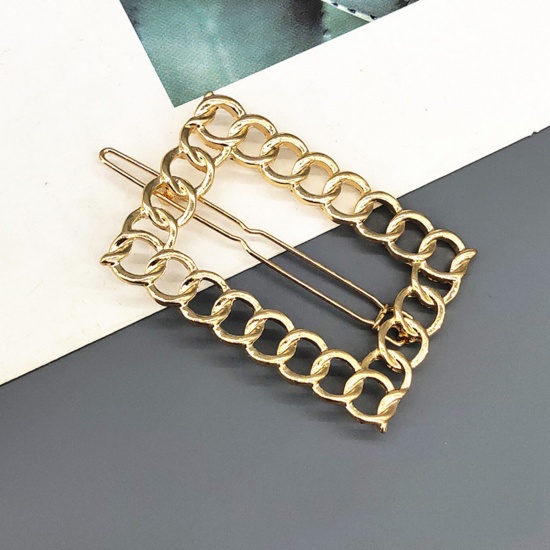 Picture of Simple Metal Hair Clips Gold Plated Link Chain Rectangle Hollow 5cm, 1 Piece