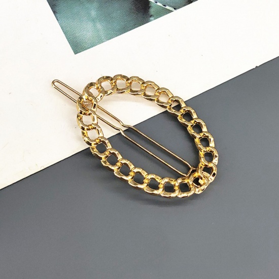 Picture of Simple Metal Hair Clips Gold Plated Link Chain Oval Hollow 6cm, 1 Piece