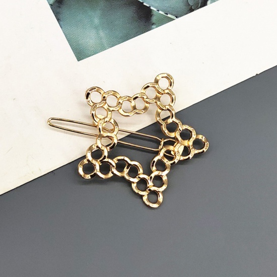 Picture of Simple Metal Hair Clips Gold Plated Link Chain Pentagram Star Hollow 6cm, 1 Piece