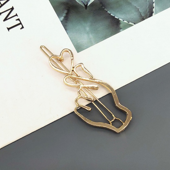 Picture of Simple Metal Hair Clips Gold Plated Love Hand Sign Gesture Hollow 7cm, 1 Piece