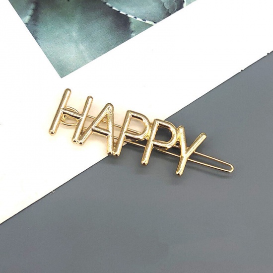 Picture of Simple Metal Hair Clips Gold Plated Message " Happy " Hollow 6cm, 1 Piece