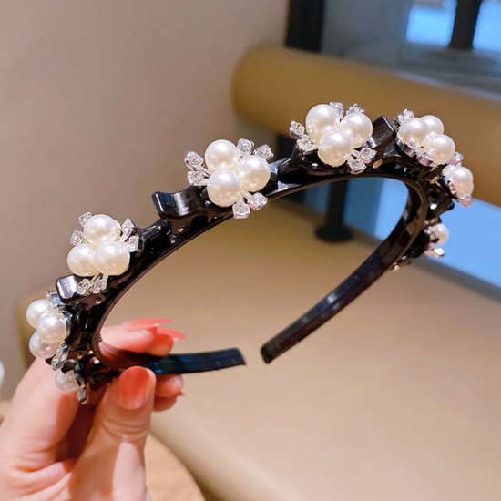 Picture of Acrylic Exquisite Headband Hair Hoop Braided Hairstyle Silvery White Flower Acrylic Imitation Pearl Clear Rhinestone 12cm Dia., 1 Piece