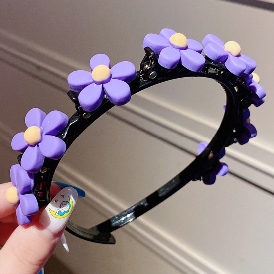 Picture of Acrylic & Resin Children Kids Headband Hair Hoop Braided Hairstyle Purple Flower 11cm Dia., 1 Piece