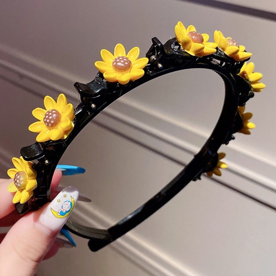 Picture of Acrylic & Resin Children Kids Headband Hair Hoop Braided Hairstyle Yellow Sunflower 11cm Dia., 1 Piece