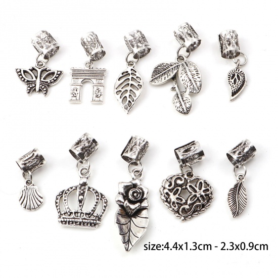 Immagine di Lega di Zinco Perline Dreadlock Intrecciate per Capelli Foglia Corona Argento Antico 4.4cm x 1.3cm - 2.3x0.9cm, 1 Serie ( 10 Pz/Serie)