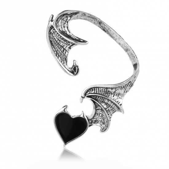 Bild von Gotisch Voll-Ohr Ohrring Clip für Linkes Ohr Antiksilber Schwarz Herz Emaille 5.7cm x 4.3cm, 1 Stück
