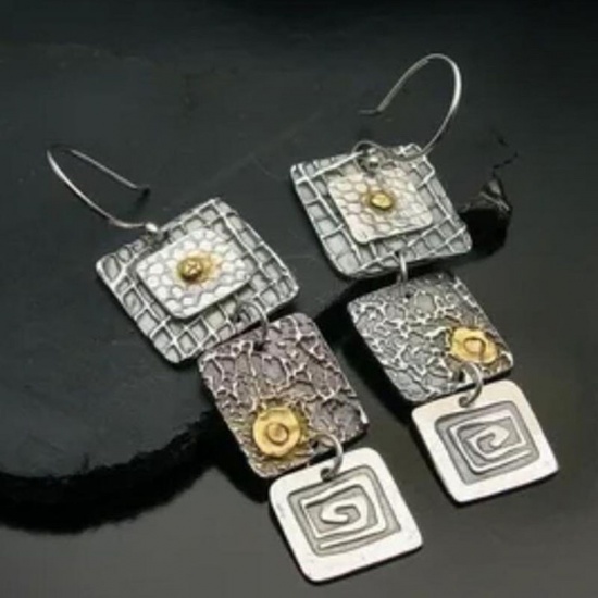 Picture of Retro Boho Chic Bohemia Earrings Gray Square Carved Pattern Gypsy Handmade 6.1cm x 1.5cm, 1 Pair