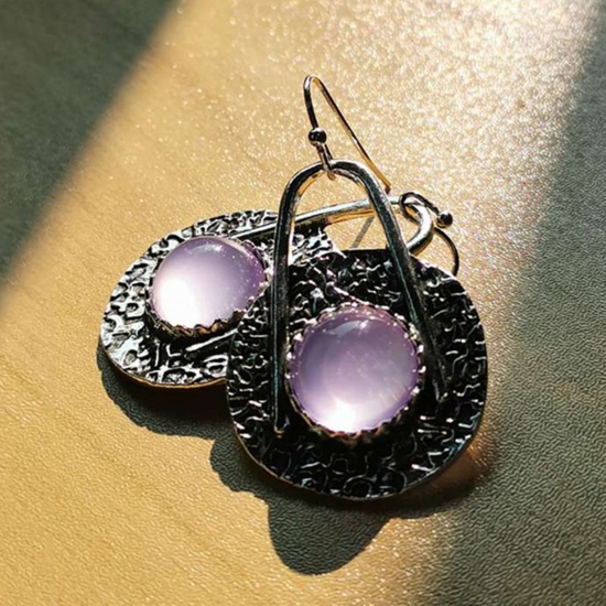 Picture of Retro Boho Chic Bohemia Earrings Antique Silver Color Purple Disc Imitation Gemstones 4.5cm x 3cm, 1 Pair