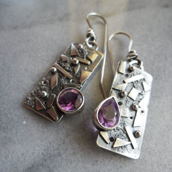 Picture of Retro Boho Chic Bohemia Earrings Antique Silver Color Rectangle Carved Pattern Purple Rhinestone 4.5cm x 1.6cm, 1 Pair