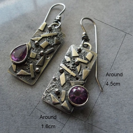 Picture of Retro Boho Chic Bohemia Earrings Antique Silver Color Rectangle Carved Pattern Purple Rhinestone 4.5cm x 1.6cm, 1 Pair