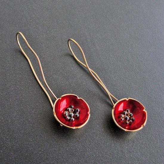 Picture of Retro Boho Chic Bohemia Earrings Gold Plated Red Flower Enamel 6.3cm x 1.8cm, 1 Pair