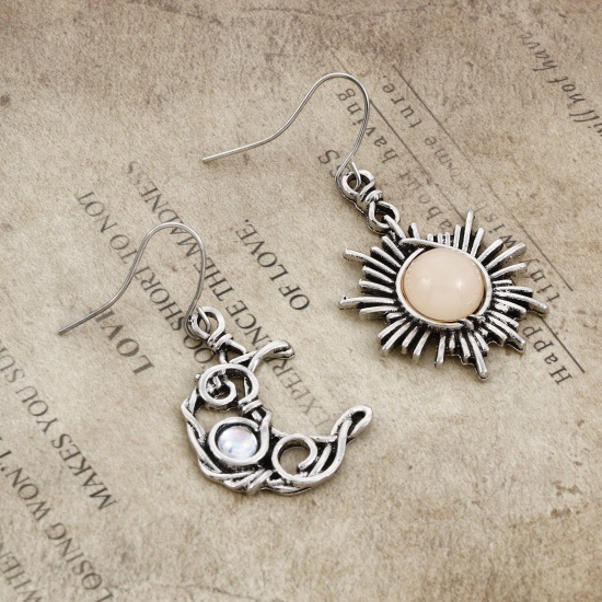 Picture of Retro Boho Chic Bohemia Asymmetric Earrings Antique Silver Color Light Khaki Sun Moon Imitation Gemstones 3cm long, 1 Pair