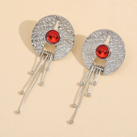 Picture of 1 Pair Boho Chic Bohemia Earrings Silver Tone Round Tassel Red Rhinestone 4.5cm long