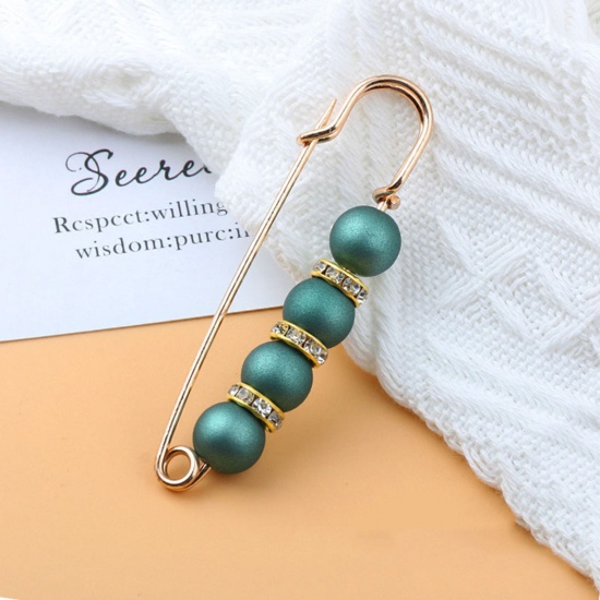 Picture of Acrylic Elegant Pin Brooches Gold Plated Green Imitation Pearl Clear Rhinestone 7.7cm, 1 Piece