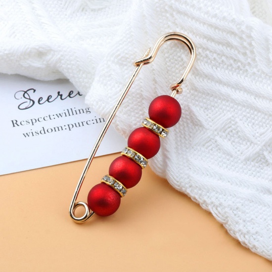 Picture of Acrylic Elegant Pin Brooches Gold Plated Red Imitation Pearl Clear Rhinestone 7.7cm, 1 Piece