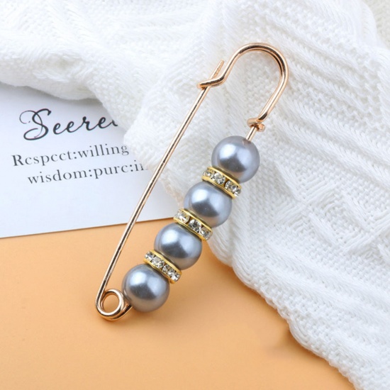 Picture of Acrylic Elegant Pin Brooches Gold Plated Gray Imitation Pearl Clear Rhinestone 7.7cm, 1 Piece