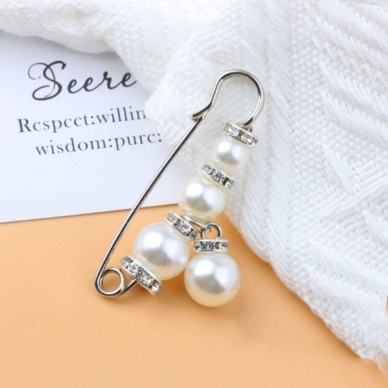 Picture of Acrylic Elegant Pin Brooches Silver Tone White Imitation Pearl Clear Rhinestone 5cm, 1 Piece