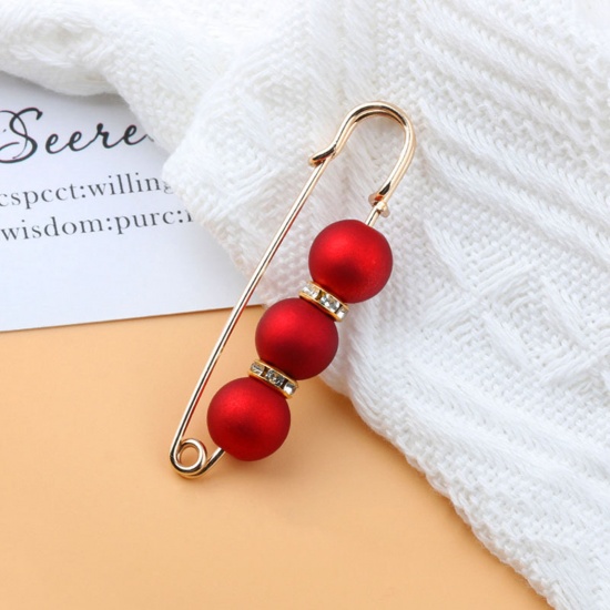 Picture of Acrylic Elegant Pin Brooches Gold Plated Red Imitation Pearl Clear Rhinestone 5.8cm, 1 Piece
