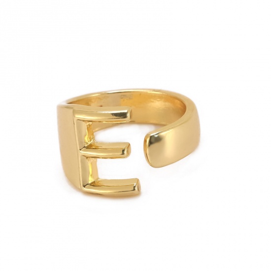 Picture of Stylish Open Adjustable Knuckle Band Midi Rings Gold Plated Capital Alphabet/ Letter Message " E " 25mm x 21mm, 1 Piece