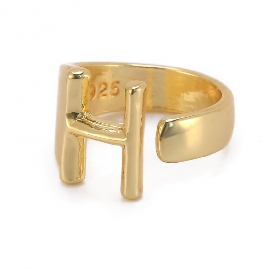 Picture of Stylish Open Adjustable Knuckle Band Midi Rings Gold Plated Capital Alphabet/ Letter Message " H " 25mm x 21mm, 1 Piece