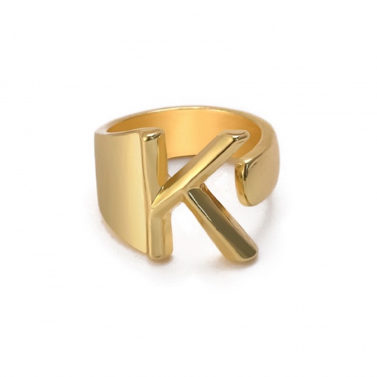 Picture of Stylish Open Adjustable Knuckle Band Midi Rings Gold Plated Capital Alphabet/ Letter Message " K " 25mm x 21mm, 1 Piece