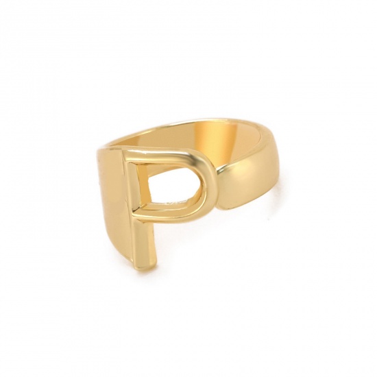 Picture of Stylish Open Adjustable Knuckle Band Midi Rings Gold Plated Capital Alphabet/ Letter Message " P " 25mm x 21mm, 1 Piece