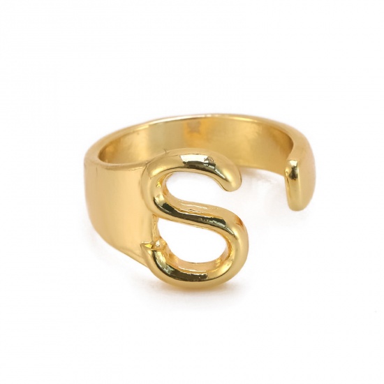 Picture of Stylish Open Adjustable Knuckle Band Midi Rings Gold Plated Capital Alphabet/ Letter Message " S " 25mm x 21mm, 1 Piece