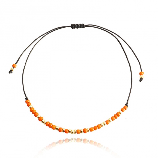 Image de Bracelets Raffinés Bracelets Délicats Bracelet de Perles Style Bohème en Acrylique Doré Orange Rond Réglable 38cm long, 1 Pièce