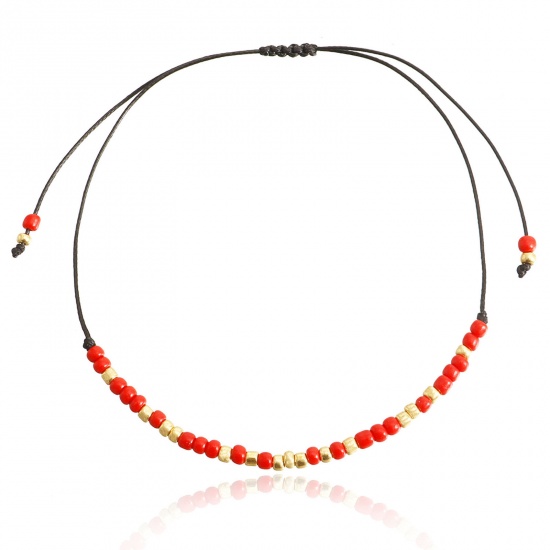 Image de Bracelets Raffinés Bracelets Délicats Bracelet de Perles Style Bohème en Acrylique Doré Rouge Rond Réglable 38cm long, 1 Pièce
