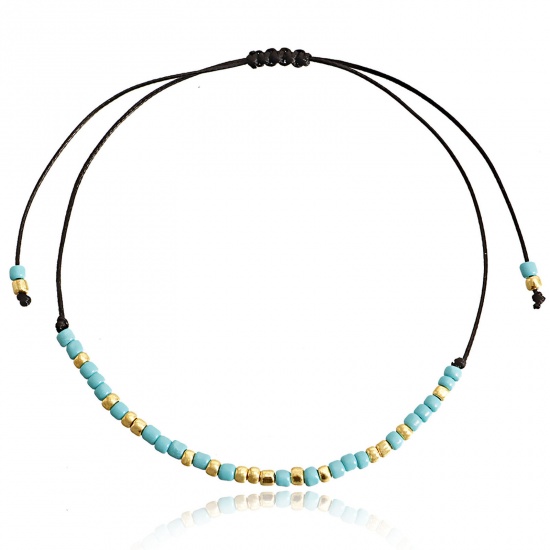 Image de Bracelets Raffinés Bracelets Délicats Bracelet de Perles Style Bohème en Acrylique Doré Bleu Rond Réglable 38cm long, 1 Pièce
