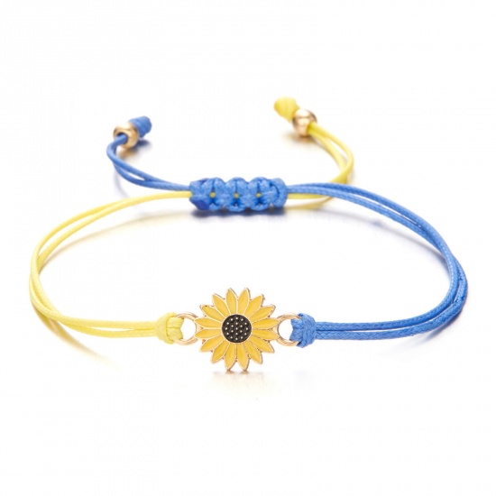 Изображение Полиэстер Этнические Плетеные браслеты Позолоченный Желтый и Синий Подсолнечник Регулируемый 16cm - 28cm Длина, 1 ШТ