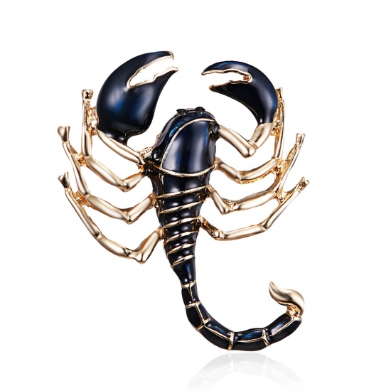 Picture of Retro Pin Brooches Insect Animal Scorpion Gold Plated Dark Blue Enamel 3.4cm x 2.5cm, 1 Piece