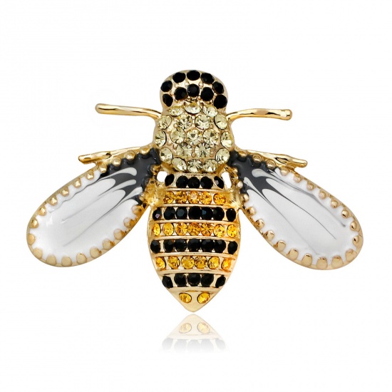 Picture of Retro Pin Brooches Insect Animal Bee Gold Plated Enamel Multicolor Rhinestone 4.1cm x 3cm, 1 Piece