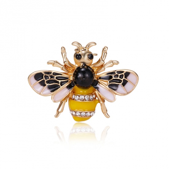 Picture of Retro Pin Brooches Insect Animal Bee Gold Plated Yellow Enamel Clear Rhinestone 3.5cm x 2.5cm, 1 Piece