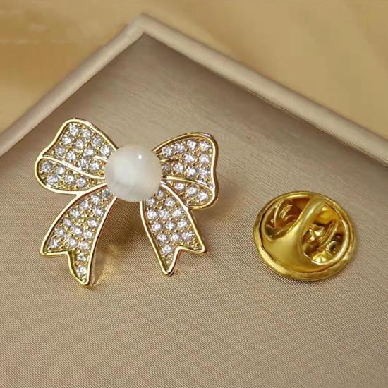 Picture of Acrylic Exquisite Pin Brooches Bowknot Gold Plated Clear Rhinestone 16mm x 15mm, 1 Piece