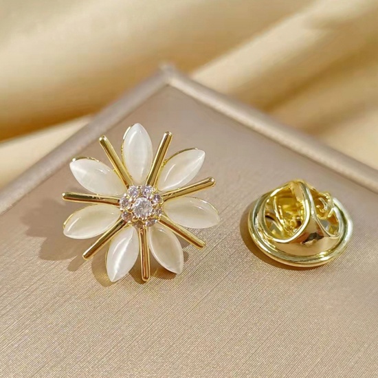 Picture of Acrylic Exquisite Pin Brooches Christmas Snowflake Gold Plated Clear Rhinestone 16mm x 16mm, 1 Piece